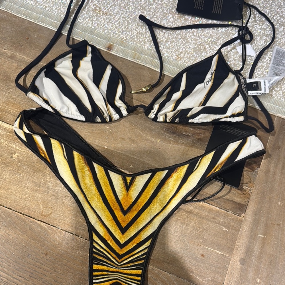 Black and Gold Triangle Bikini with High-Cut Bottom